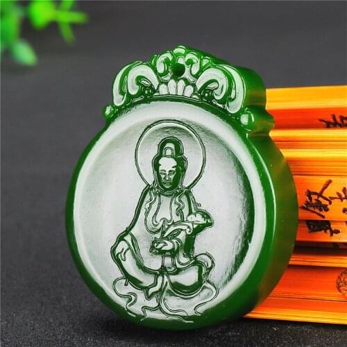Natural Green Hand Carved Guanyin Jade Pendant Fashion Jewelry Mens Guanyin Necklace