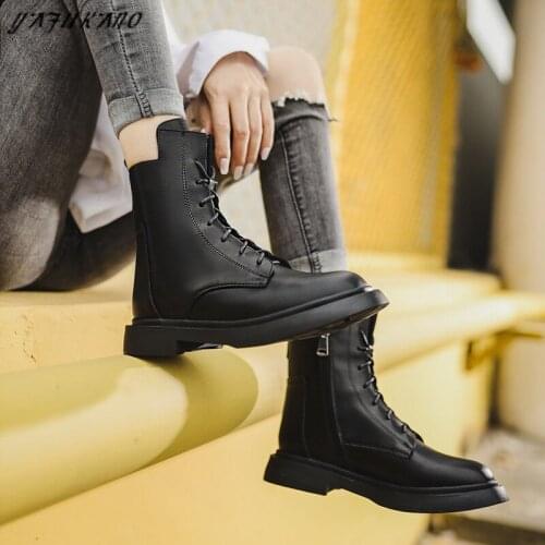 Autumn Winter New Soft Leather Women Ankle Boots Motorcycle Boots Woman Punk Motorcycle Boots Lace-Up Side Zipper Martin Boots