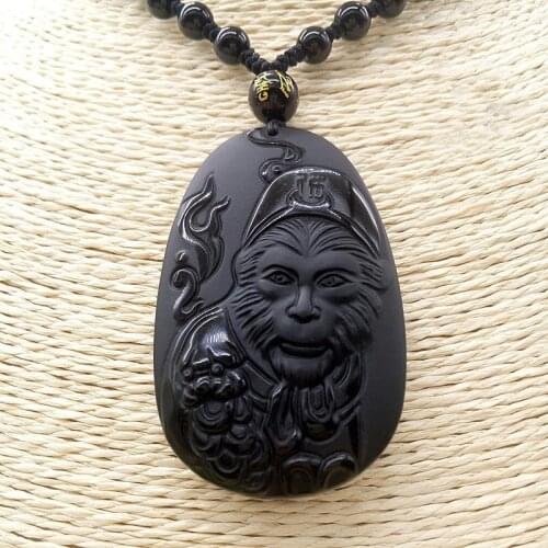 Natural Obsidian Sun WuKong Jade Pendant Jewelry Lucky God of War Auspicious Amulet Pendant Necklace Fine Jewelry