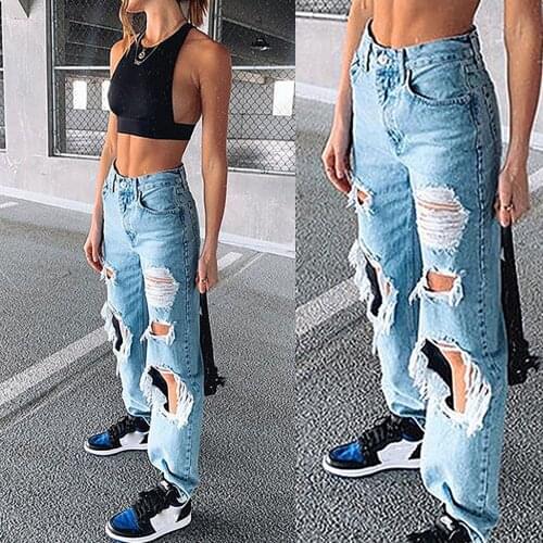 Casual Wide Leg Jeans Ladies Hole Mid Waist Jeans Solid Color Pants Fashion Button Ankle-Length Jean Femme Plus Size Pants