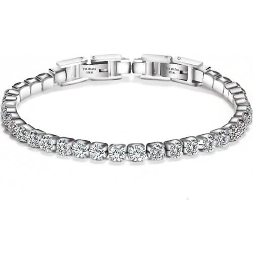 Womens Stainless Steel Tennis Chain Adjustable Removable Titanium Steel Double Buckle Zircon Bracelet
