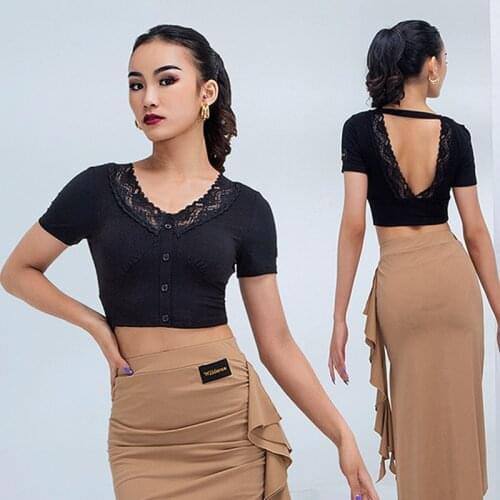 Female Latin Dance Clothes Practice Dress For Women Rumba Samba Cha Cha Tap Dance Costume Loose Dancing Tops Black Lace BL4597