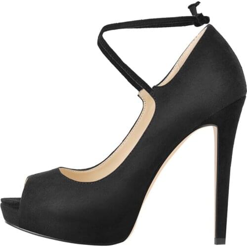 Richealnana Womens Peep Toe Low Platform Cross Strap High Thin Heel Sandals Black Flock Wedding Stiletto Party Dress Prom Shoes