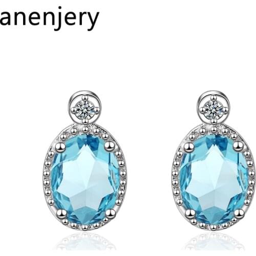 ANENJERY 925 Sterling Silver Simple Classic Artificial Crystal Ocean Blue Water Drop Earrings For Women Gift S-E841