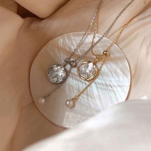 925 Sterling Silver Round Charm Necklace for Women Long Tassel Pearl Star Shell Necklace Jewelry Gifts