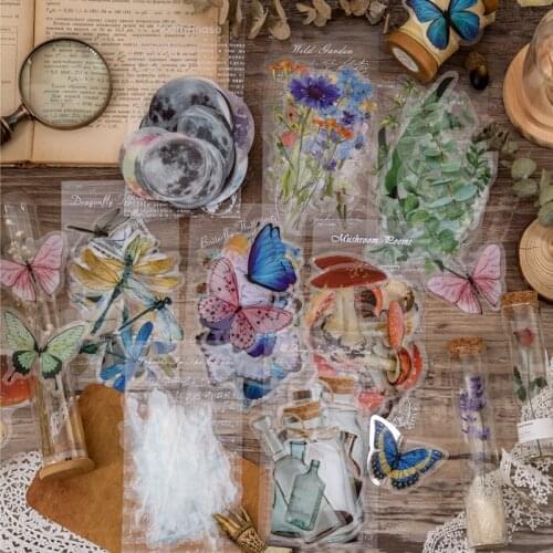 20pcs Natual Plants Flowers Transparent PVC Stickers Scrapbooking Creative Forest Butterfly Decorative Sticker for Diary Album