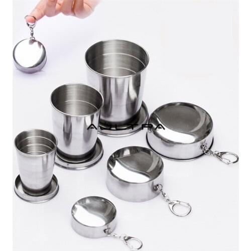 50pcs Folding Collapsible Cup With Keychain Stainless Steel Portable Outdoor Travel Camping Drinking Cup 75ml 150ml 250ml