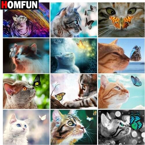 HOMFUN Diamond painting ‘’Cat butterfly" Full Square/Round Drill Wall Decor Inlaid Resin Embroidery Craft Cross stitch