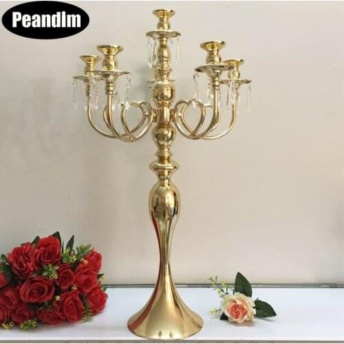 PEANDIM Golden Candelabra 5 Heads/ 3 Heads Candle Holder With Pendants Wedding Decoration Table Centerpieces Event Candlesticks