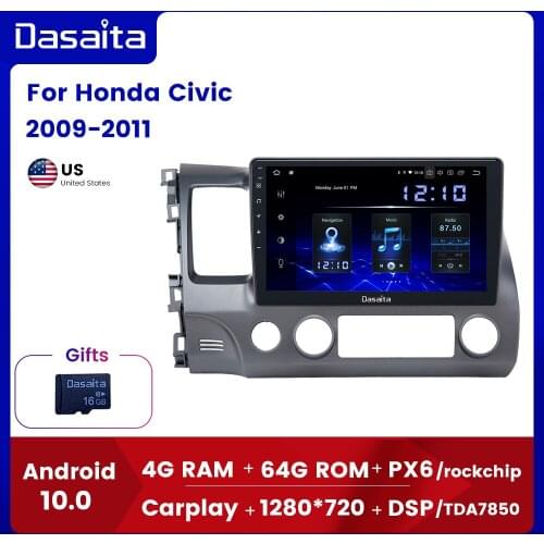Dasaita for Honda Civic 2009 2010 2011 Android 10.0 Car GPS navigation with 1 2 Din 10.2" HD Screen Car Radio Player carplay SWC