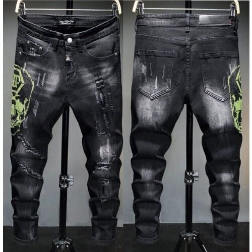 European Style Men Plein Brand Jeans Mens Slim Denim Trousers Black Jeans Straight Skulls Biker Hole Black Jeans Pants for Men