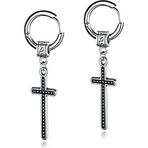 Cyue European Retro 316L Stainless Steel Cross Mens Hoop Earrings For Women Men Fashion Jewelry