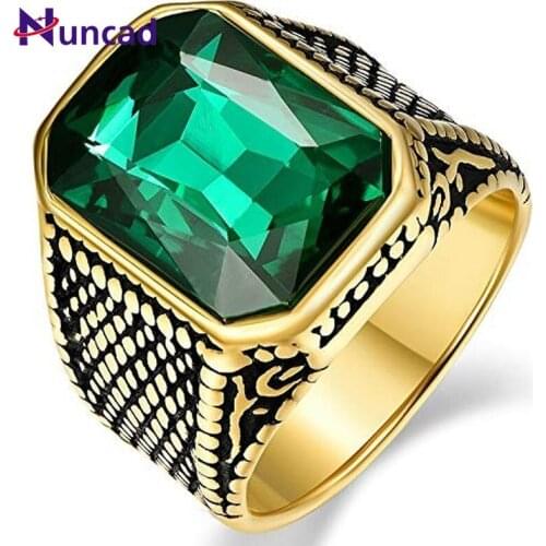 2019 Stainless Steel Ring with Blue/Green/Red Color Crystal Glass Stone Inlay Vintage Style Wedding Anniversary Band for Men