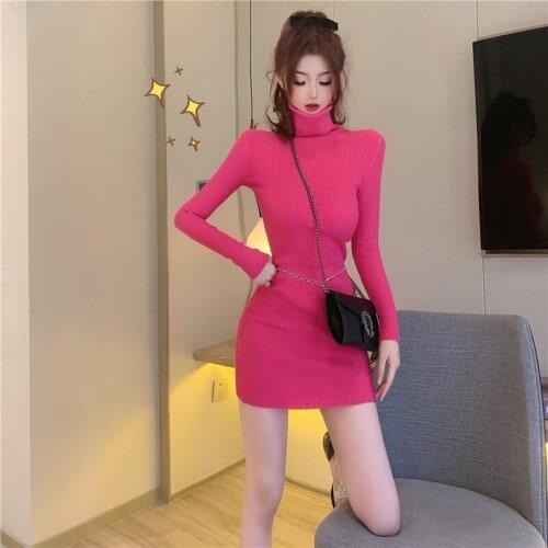 Korean Fashion Casual Style Spring Autumn Short Dress for Women Turtleneck Slim Bodycon Dresses Knitted Long Sleeve New Female