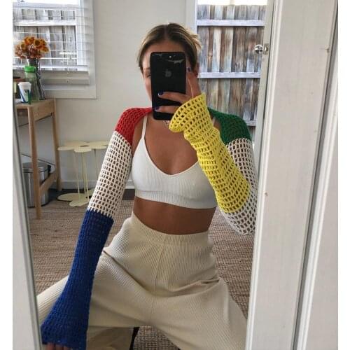 Y2k Sexy Crop Top Patchwork Crocheted Shawl Long Sleeves Mini Cover-ups Knitted Hollow Out T-shirt Women Fashion Streetwear