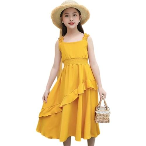 Girl Summer Dress Solid Color Girls Party Dress Kids Ruffles Children Dress Casual Style Girls Clothes