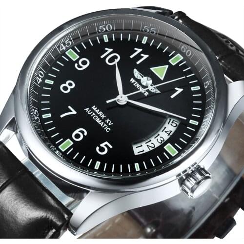 WINNER Mens Watch Top Brand Automatic Mechanical Watch Black Leather Band Calendar Fashion Classic Business Casual Wristwatches
