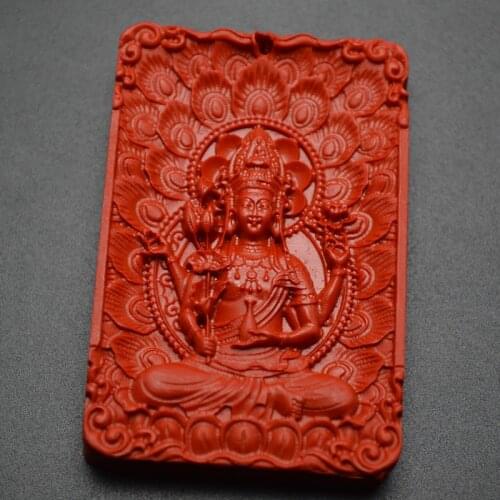 Natural Red Cinnabar Carved Guanyin Buddha Lotus Square Stone Pendant Fashion Jewelry