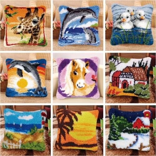 DIY Latch Hook Animals Cushion Pillowcase Canvas Crocheting Foamiran Carpet Embroidery Carpet Latch Hook Kit Knitted Knot Pillow