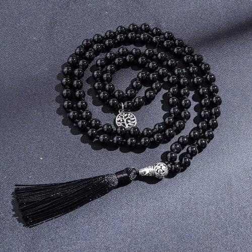108 Mala Beads Necklace Black Onyx 8MM Rosary Meditation Jewelry Japamala Tassel Necklace with Tree of Life Pendant