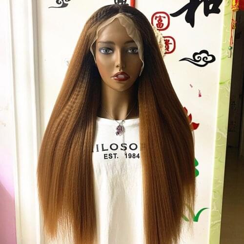 1B 30 Brown color 26'' Front Lace Kinky Straight Hair Wig For Women Long Yaki Straight Synthetic Hair Wig Natural Fiber Wig