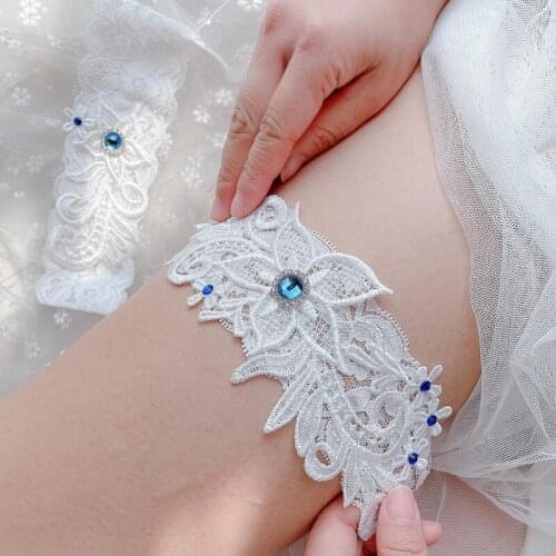 Elegant Lace Elastic Garter Bridal Blue Alloy Gemstone Sexy Thigh Ring Prom Cosplay Bridesmaid Dress Wedding Accessories New