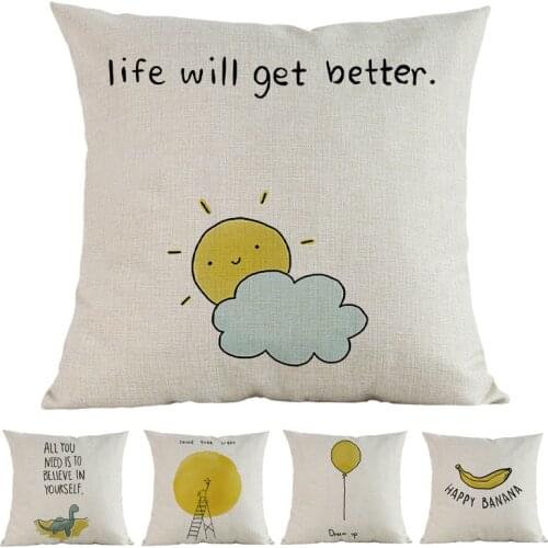 Simple Style Cartoon Hand Drawn Image Positive Maxim Throw Pillow Case Childrens Room Sofa Decorative Cushion Cover 45x45cm