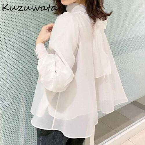 Kuzuwata Chic Voile Lantern Long Sleeve Bow Drawstring Shirts 2021 Spring New Sweet Women Blouse Fresh Aesthetic Femme Blusas