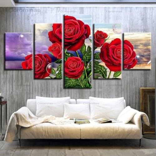 Printed Modern Decor Pictures 5 Panels Beautiful Red Roses Flowers Home Living Room Unframed Wall Art Painting Modular Canvas