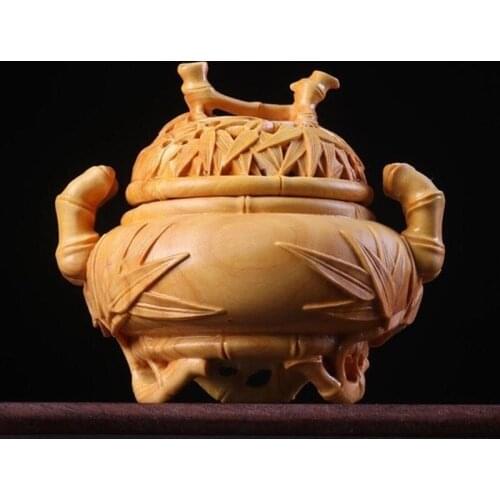 XS164-11*10*9.5CM Hand Carved Boxwood Carving Figurine for living room Statue Home Decor -Incense Burner Sculpture