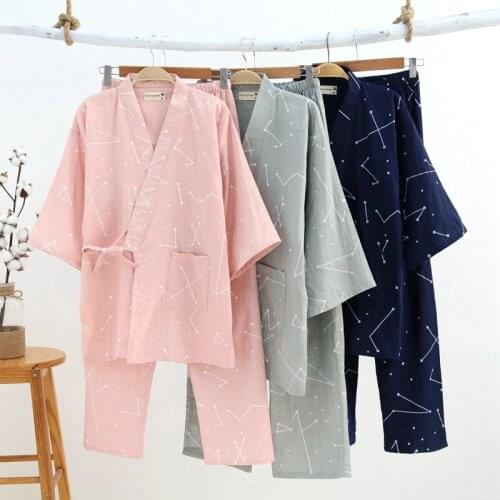 Woven Cotton Japanese Pajamas V-Neck Kimono Pijama Men Pijamas Hombre Couples Spring Summer Lounge Casual Wear Long Pants Set