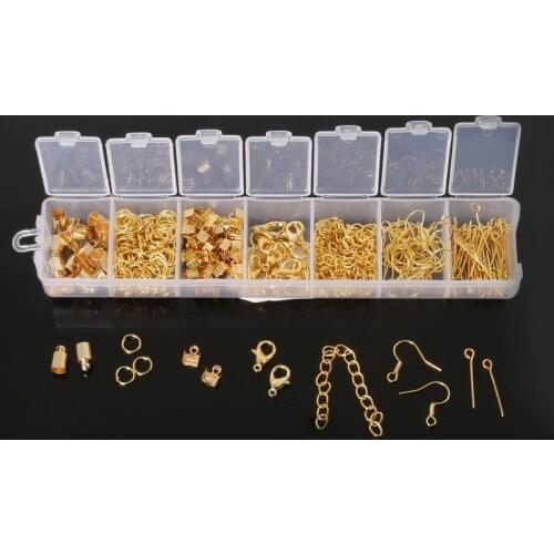 340pcs/set Rhodium Gold Jump Ring Crimp End Caps Lobster Clasp Earring Hook Eye Pin Chain Box For DIY Earrings Jewelry Making