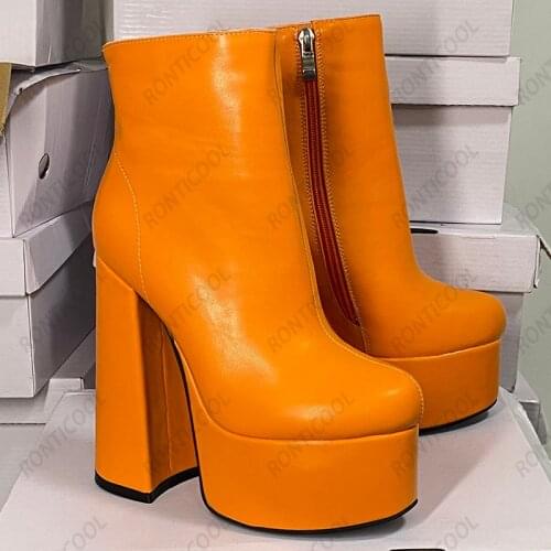 Ronticool Handmade Women Winter Platform Ankle Boots Hoof Heels Round Toe Gorgeous 13 Colors Party Shoes Women Plus US Size 5-15