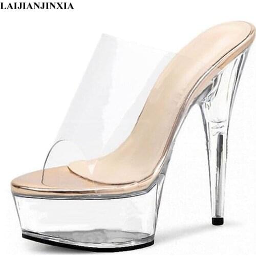 LAIJIANJINXIA New Fashion Summer 15 Cm High-Heeled Slippers Women Transparent Shoes Bride Wedding Shoes Platform Dance Shoes