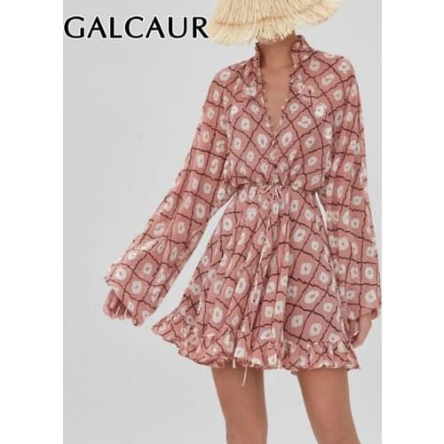 GALCAUR Plaid Dress For Women Stand Collar Lantern Sleeve High Waist Lace Up Hit Color Mini Vintage Dresses Female 2020 Clothing