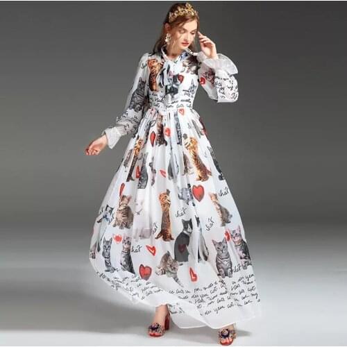 Runway Women Cat Dress Summer 2021 Autumn Long Sleeve Laces Up Bow Printed Letters Maxi Chiffon Dresses Shirt Fashion Vestidos