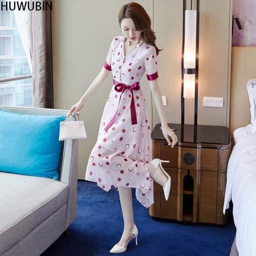 2021 New Summer Womens Mid Long Doll Collar High End Temperament Goddess Model Professional Wave Point Chiffon Fashion Dress