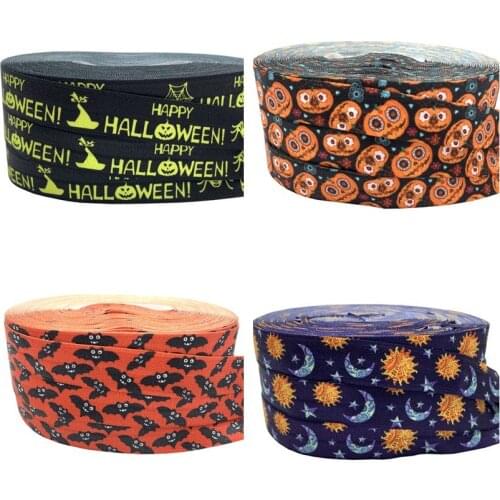 10 Yards 15mm bat pumpkin moon print Halloween Fold over elastic Stretchy band DIY girls hair ties headband accessories