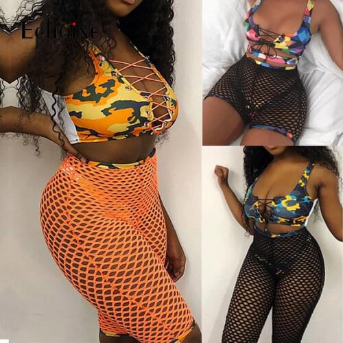 Echoine women 3PCS Swim Suit print bandage bikini set Mesh shorts bathing suit push-up swimwear sexy Hollow out Beach Wear femme