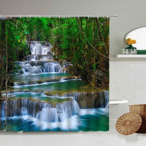3D Landscape Waterfall Scenery Shower Curtain Forest Trees Green Planting Spring Bathroom Blackout Waterproof Privacy Screen Set