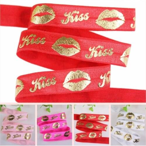 4 Colors 5/8" gold foil lip & kiss text printed Valentine foe fold over elastic welcome custom printed