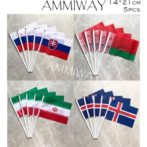 AMMIWAY 14x21cm 5pcs Slovakia Belarus Small Hand Flag Small National Flags Polyester Iran Iceland Hand National Flag with Pole