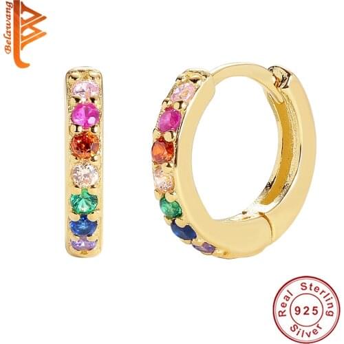 BELAWANG 925 Sterling Silver Tiny Rainbow Hoop Earring With 18K Gold Plated Small Crystal Huggies Earring For Women Jewelery