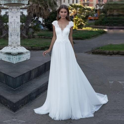 Bohemian Wedding Dress V-Neck Cap Sleeve A Line Boho Simple Bridal Gowns vestido de noiva 2020 Elegant Plus Size Bride Dresses
