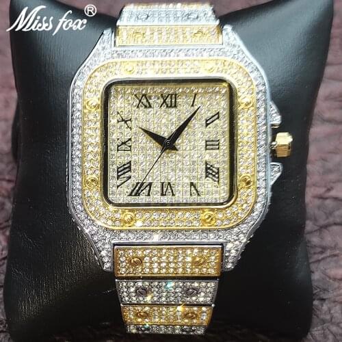 Hip Hop MISSFOX Mens Watches Luxury Diamond Steel Analog Round Gold Watch Waterproof AAA Male Quartz Clocks Relogio Masculino