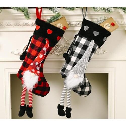 Buffalo Plaid Christmas Stockings Swedish Santa Gnome Xmas Sock Fireplace Hanging Decorations Kids Gift Bag SN3496