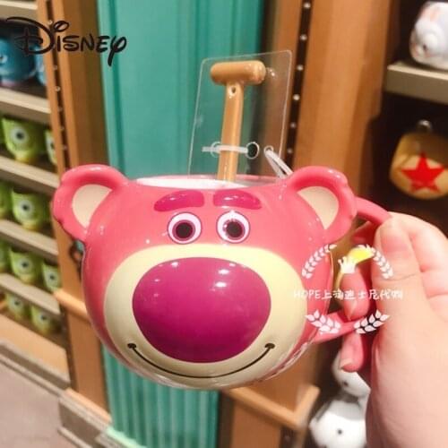 Disney Maker Cartoon Lovely Strawberry Lotso Ceramic Mugs with Spoons Large Capacity Coffee Mugs Milk Mugs mugs coffee cups