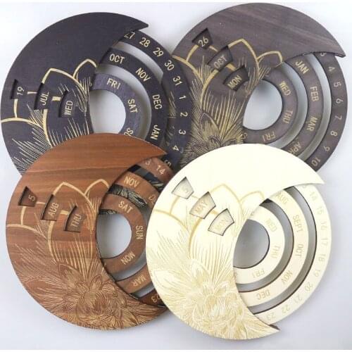 Alendar Creative Wooden Moon Adjustable Perpetual Wall Calendar Rotatable Circular DIY Hand-Carved Retro Home Decoration