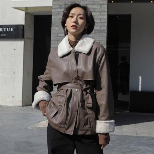 LMQ New 2020 Women Thick PU Faux Leather Warm Soft Suede Lambs Wool Belt Coats Leisure Jackets Zipper Streetwear Outwear