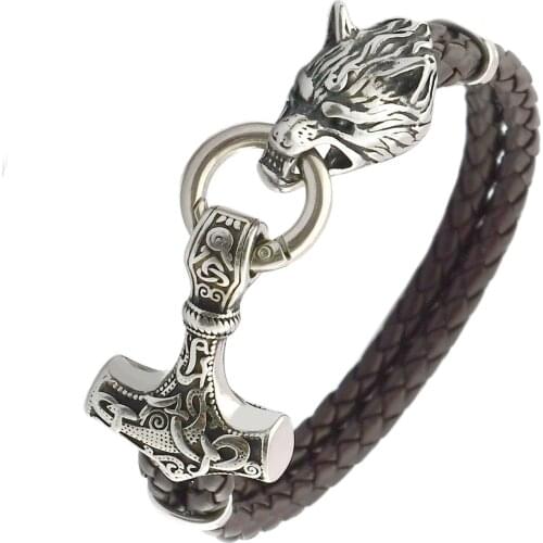 Mens Viking Thors Hammer Leather Bracelet Stainless Steel Wolf Head Asymmetric Amulet Bracelet All-match Jewelry